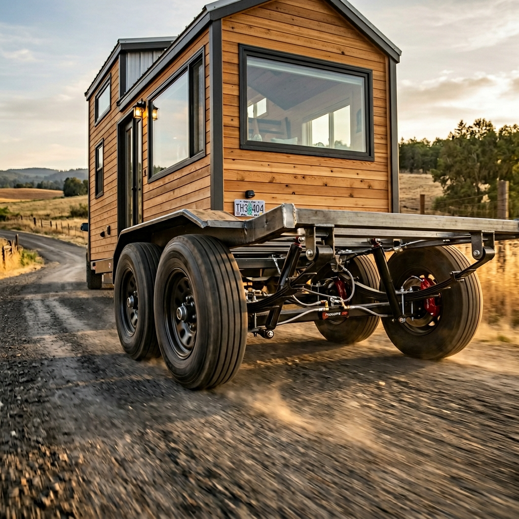 Tiny house trailer on a rural road with detailed suspension and braking system components.