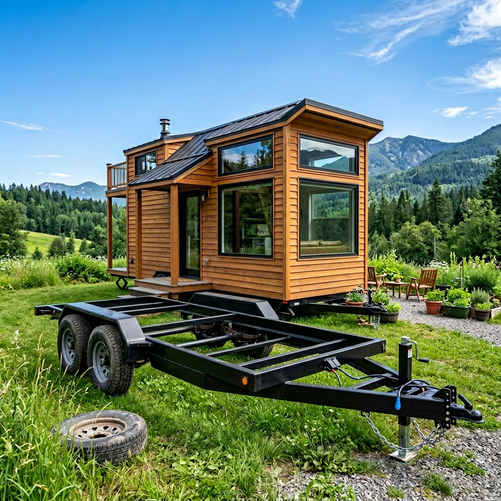 Tiny house trailer parked in a scenic outdoor setting with natural wood siding and large windows.