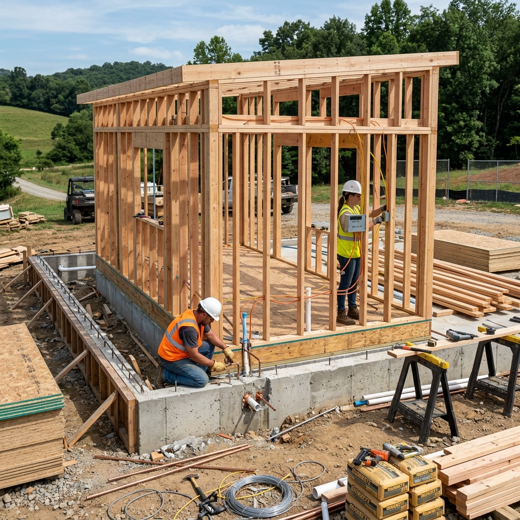 Tiny house under construction on a foundation with utilities being installed.