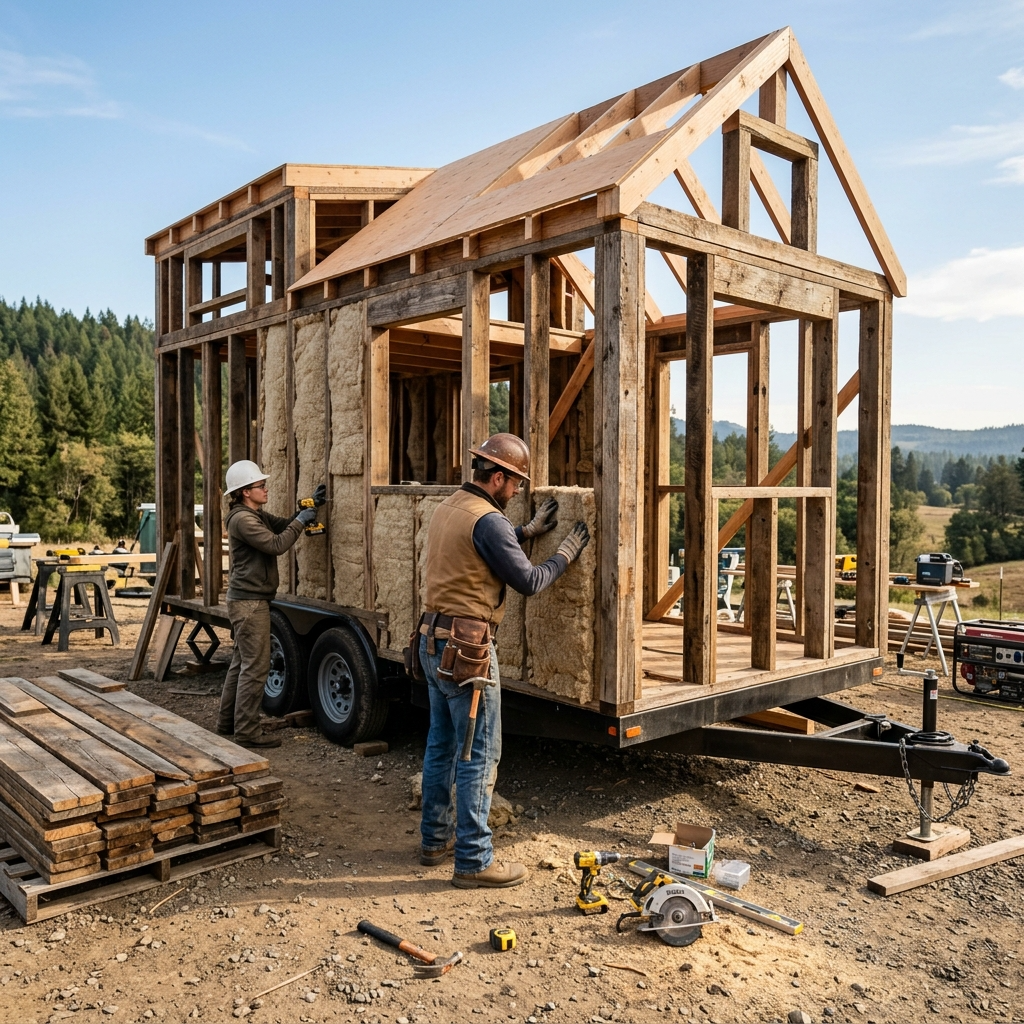 Tiny house under construction with reclaimed wood and eco-friendly insulation.