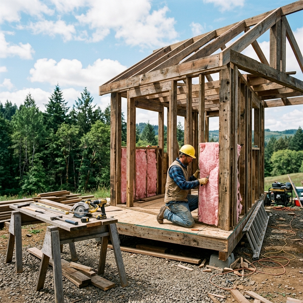 Tiny house under construction with reclaimed wood and insulation in a scenic rural setting.