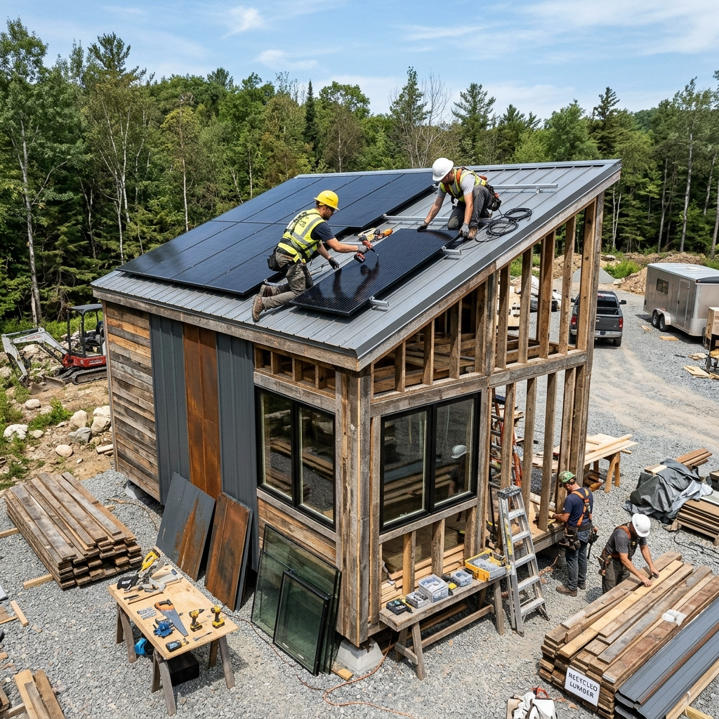 Tiny house under construction with recycled materials and solar panels on the roof.