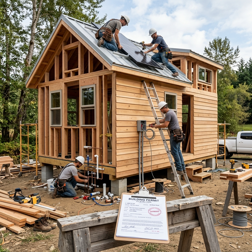 Tiny house under construction with solar panels and utility setup, permit visible.