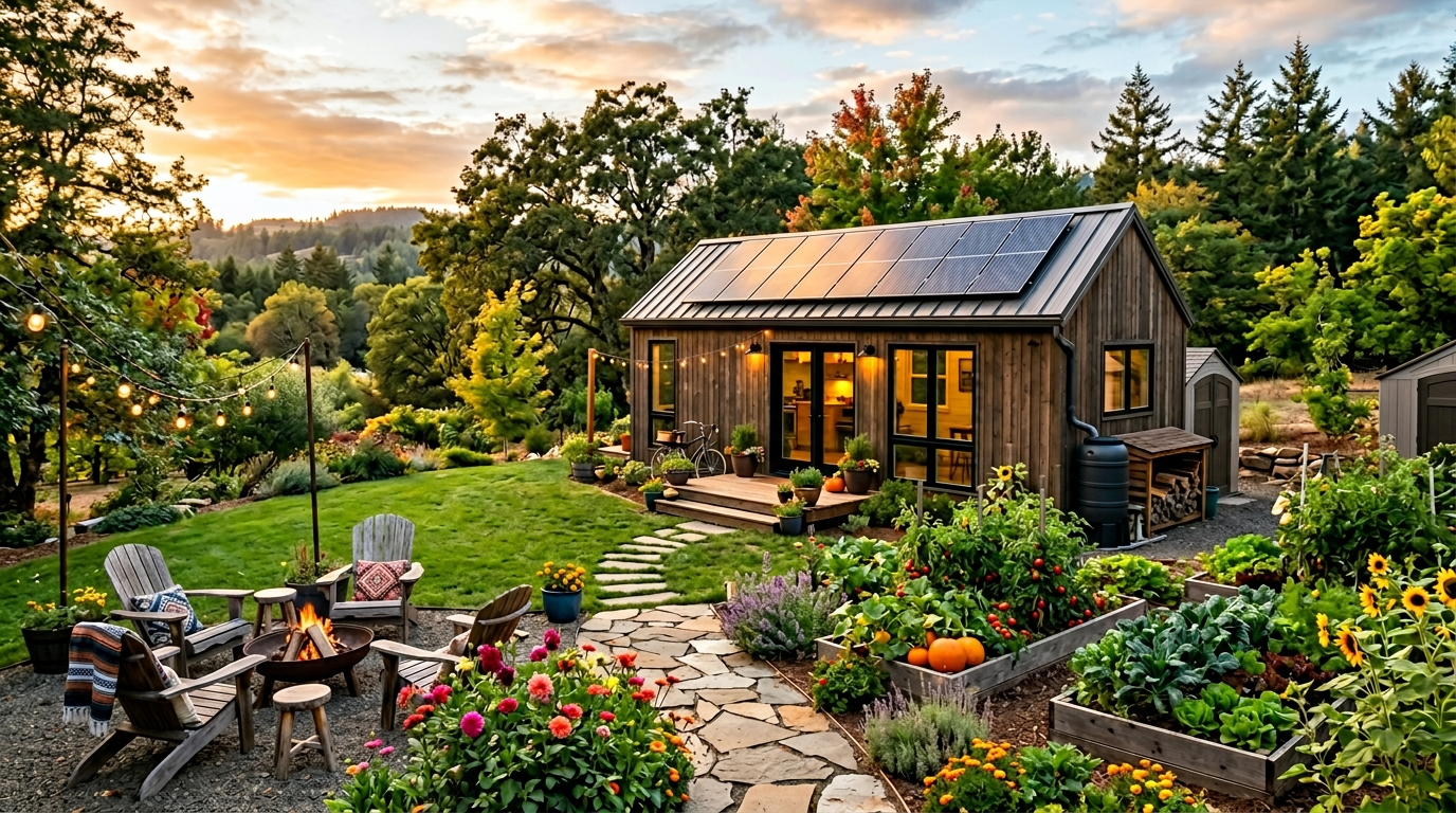 Tiny house with a large yard, garden, and solar panels for off-grid living.