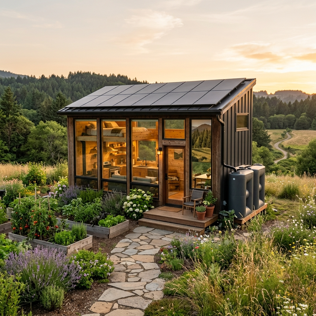 Tiny house with garden, rainwater collection system, and solar panels in natural light.