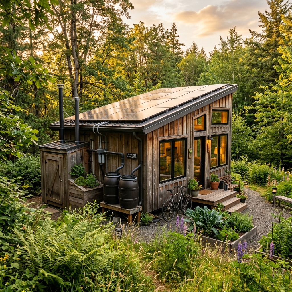 Tiny house with off-grid utilities like solar panels and rainwater collection in a green setting.