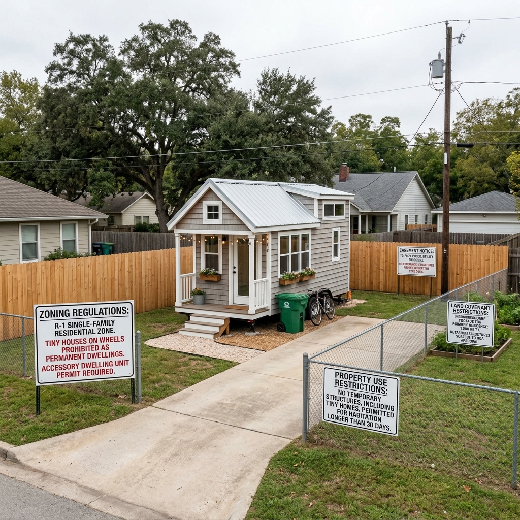 Tiny house with signs showing land restrictions and covenants.