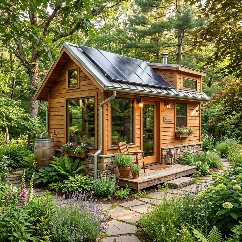 Tiny house with solar panels and rainwater collection surrounded by greenery.