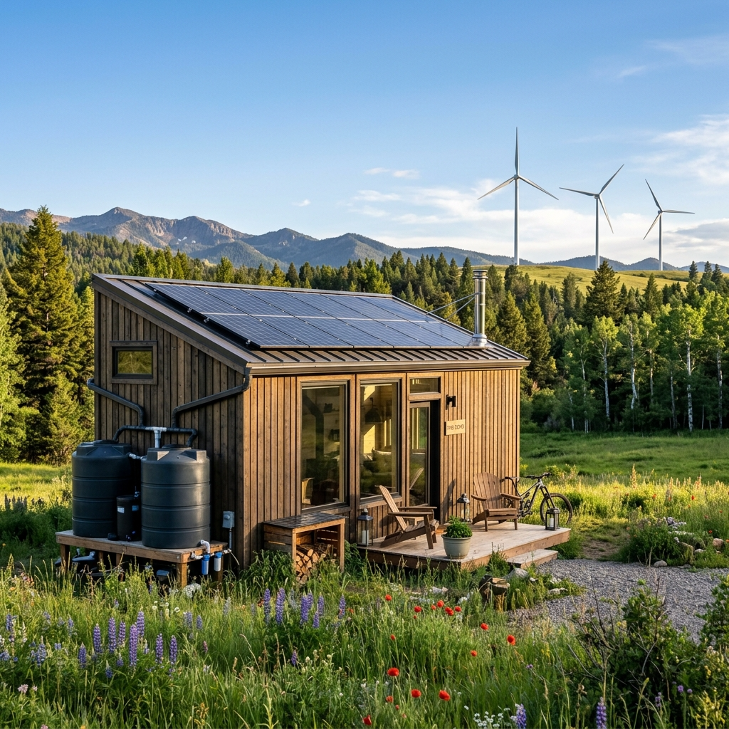 Tiny house with solar panels, rainwater collection system, and wind turbines surrounded by nature.