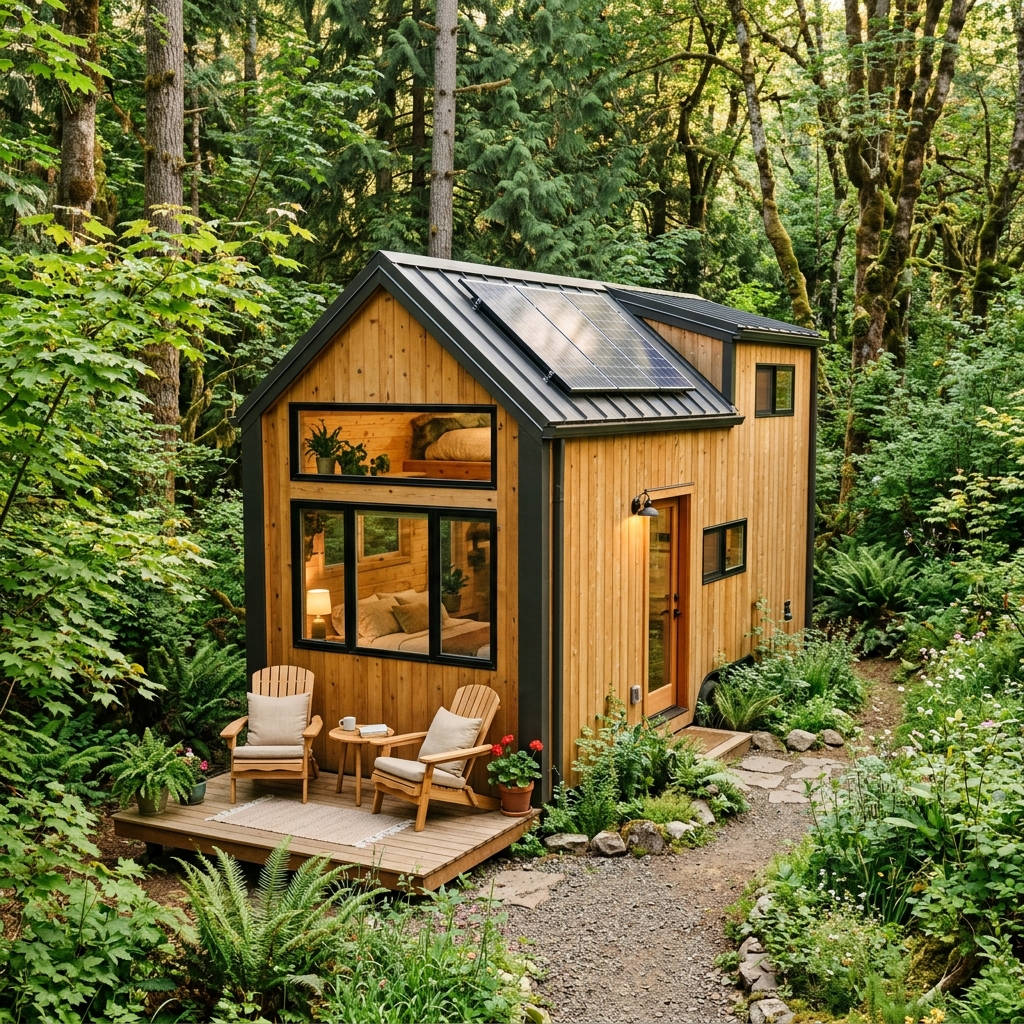 Tiny house with sustainable materials and solar panels surrounded by greenery.