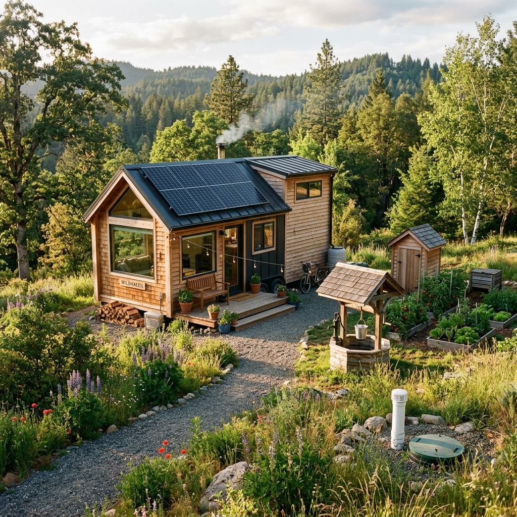 Tiny house with utilities like solar panels, water well, and septic system.
