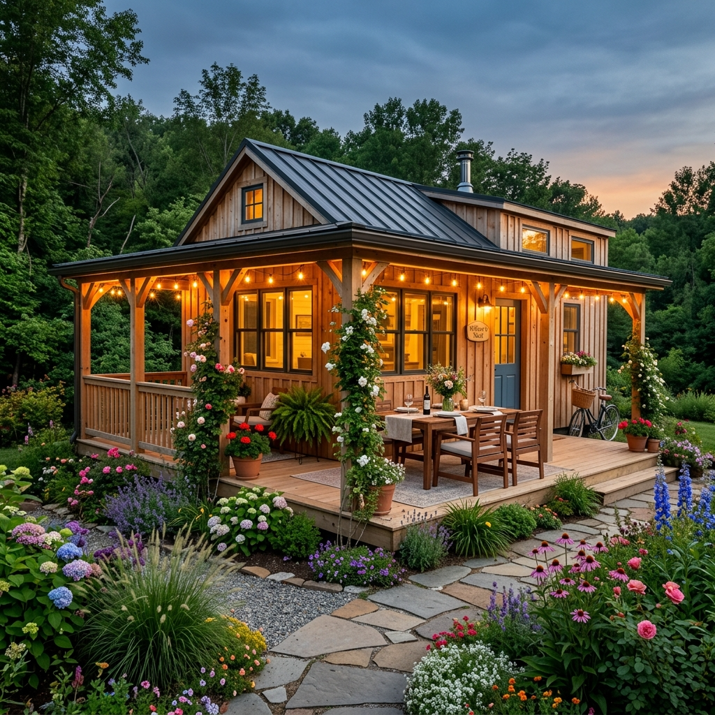 Tiny house with wraparound porch and outdoor dining area surrounded by a garden.