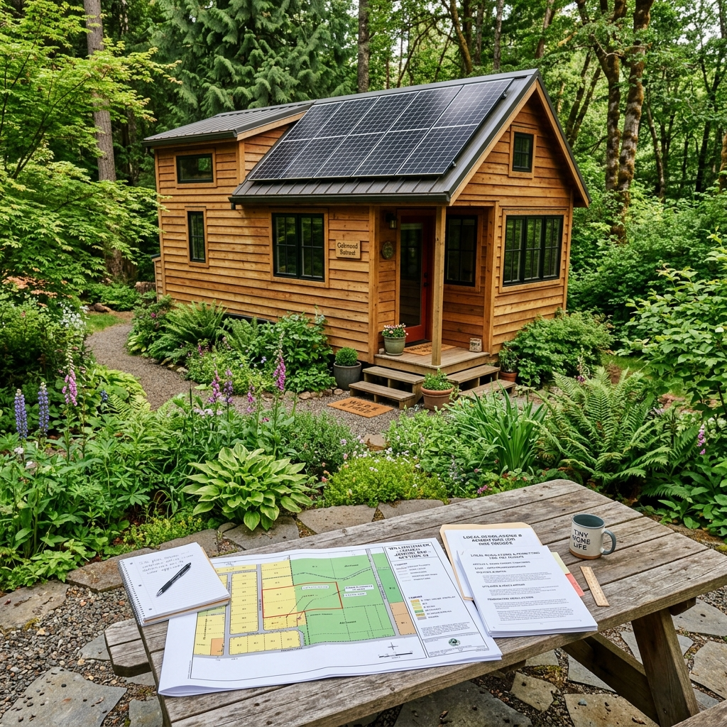 Tiny house with zoning map and regulation documents on a table in a natural setting.