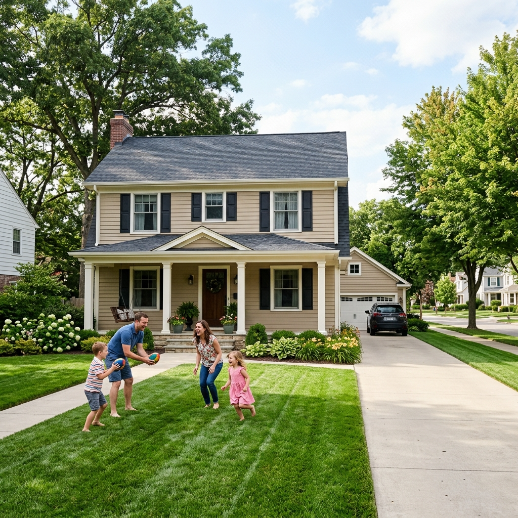 Traditional house in a suburban neighborhood with a family playing outside, illustrating stability and comfort.