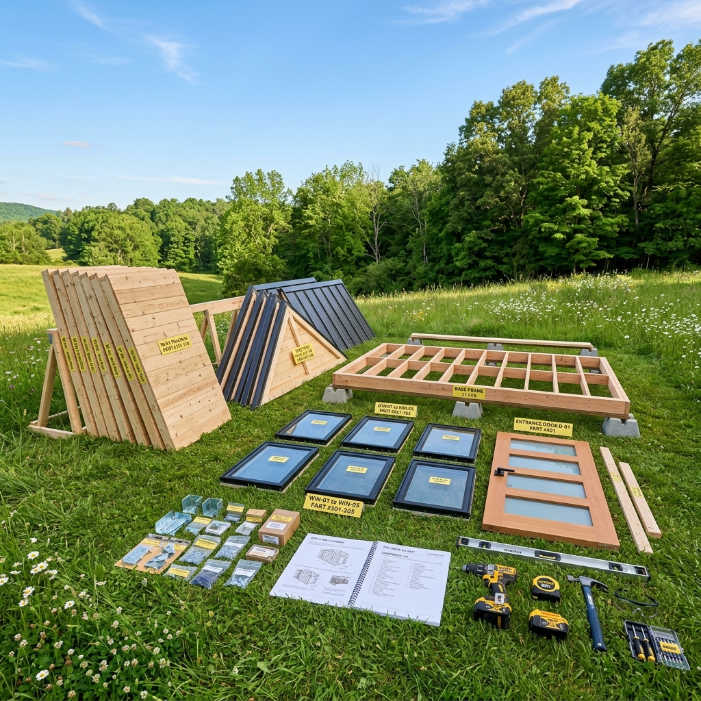 Unpacked tiny house kit components on a grassy field with construction manual and tools.
