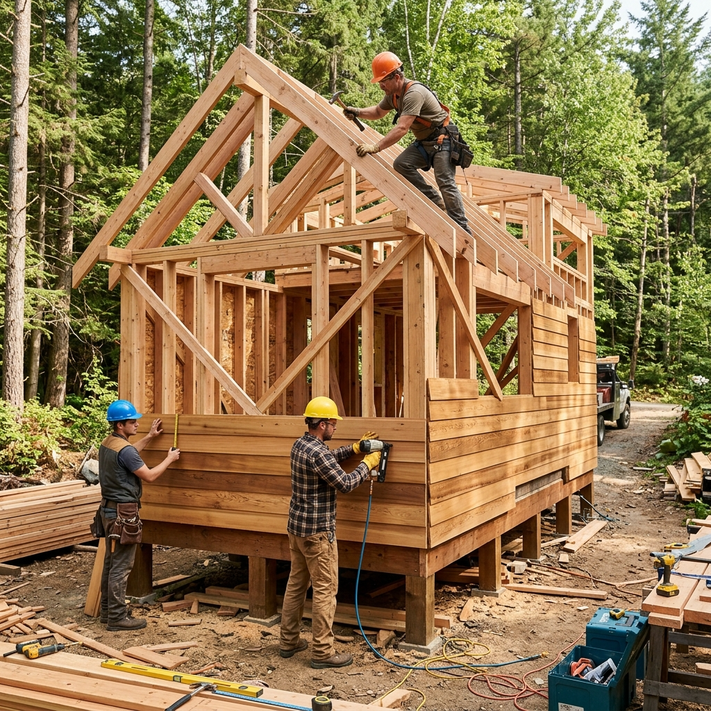 Workers constructing wooden walls and roof frame for a tiny house shell.