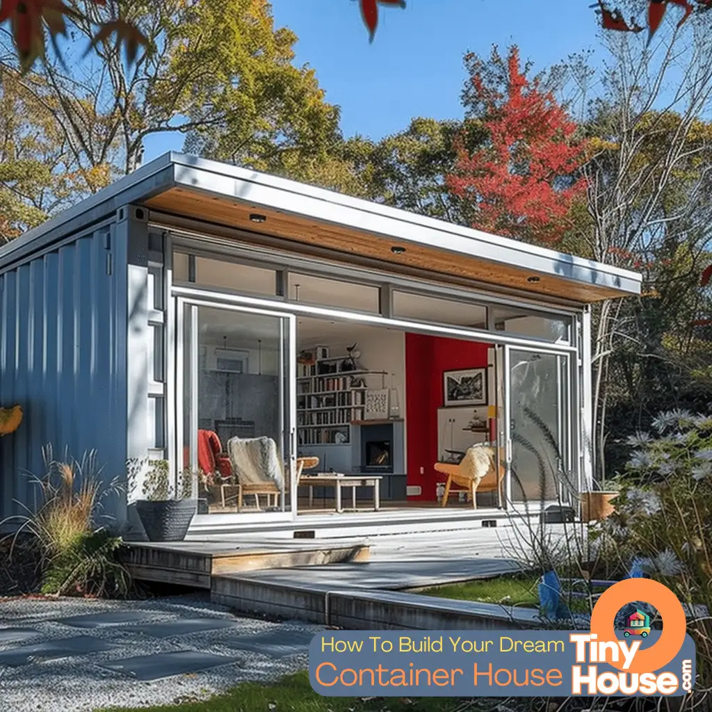 Interior of a tiny house with multi-functional furniture and creative storage solutions.
