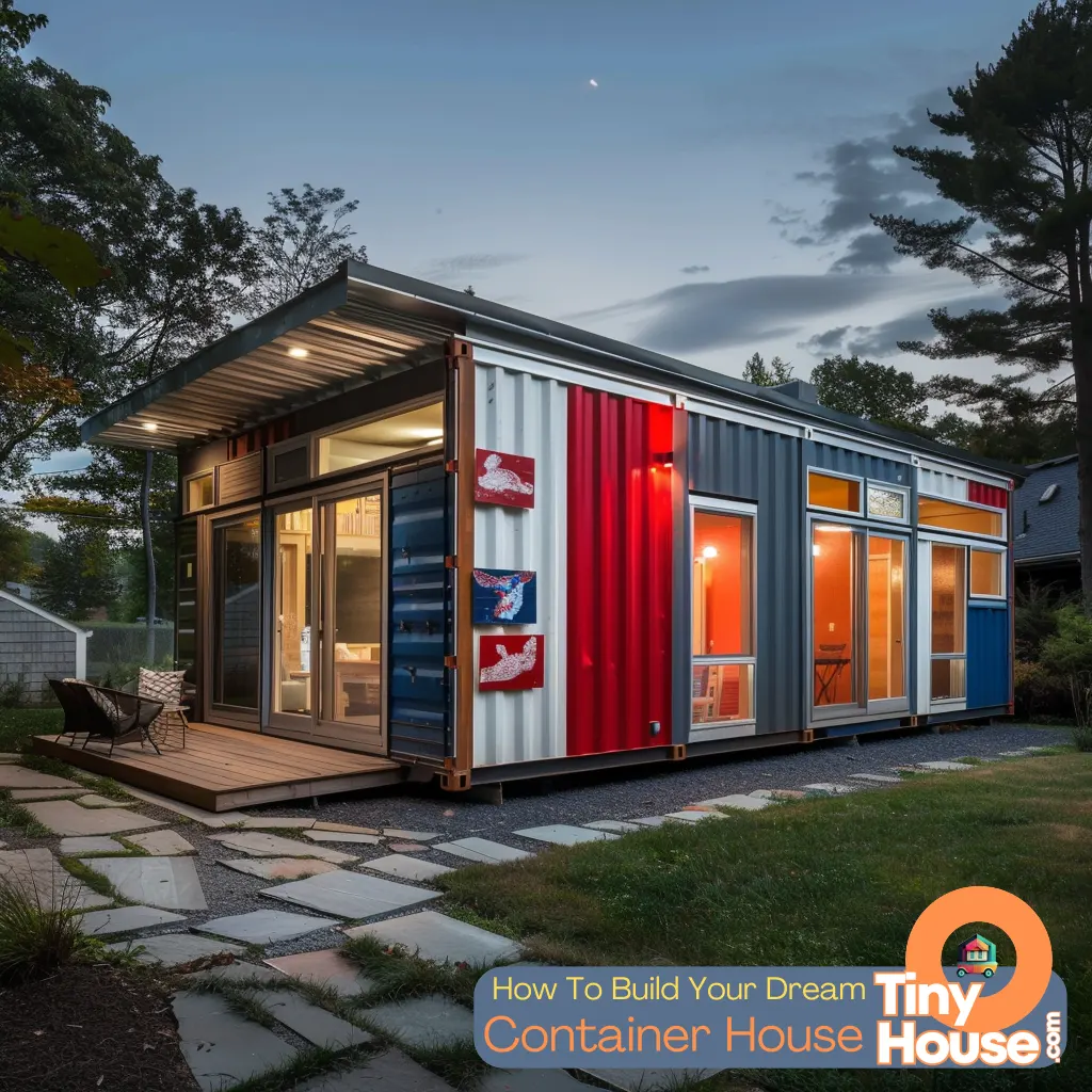 Tiny house interior with multi-functional furniture and vertical storage shelves.