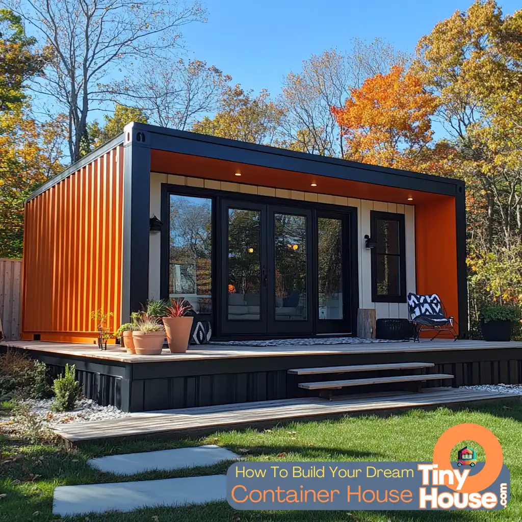 Tiny house on rented land with solar panels and a garden showcasing sustainable living.
