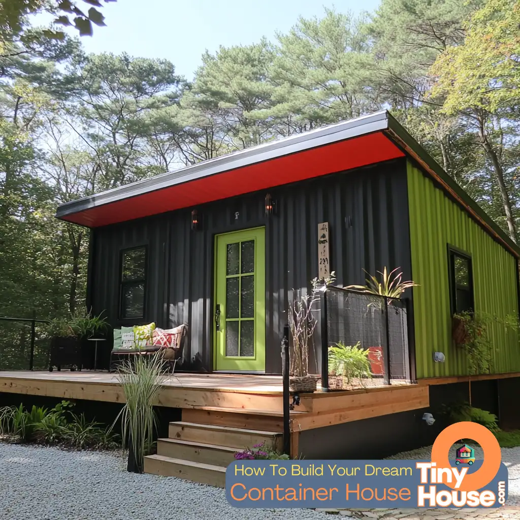 Modern tiny house with sustainable materials, solar panels, and large windows in a green setting.