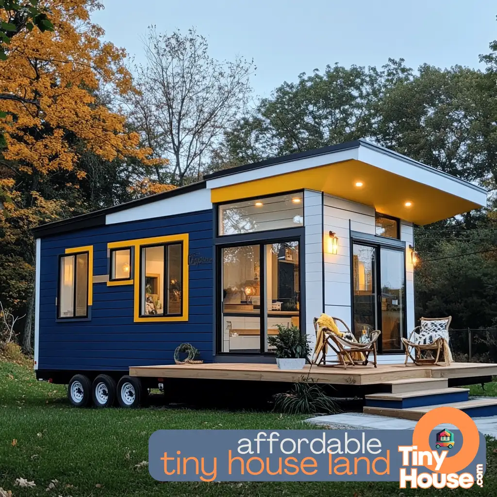 Tiny house on rented land with person browsing online platforms for land listings.