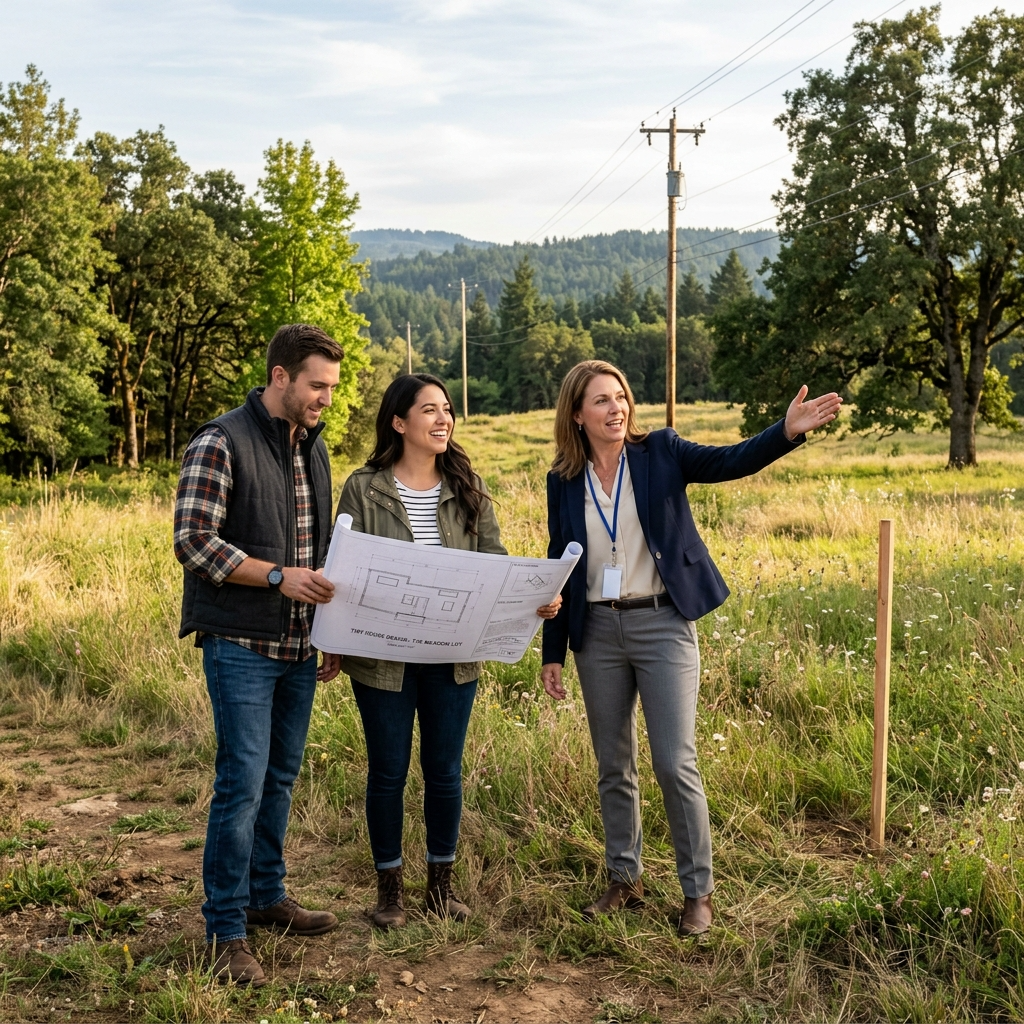 A couple with a real estate agent on land for a tiny house, holding blueprints and discussing the property.