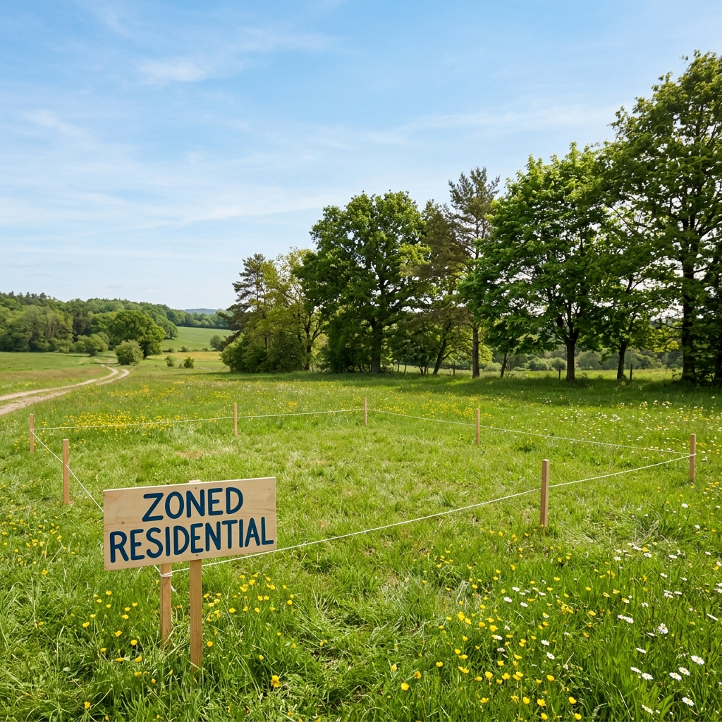 A rural plot of land marked for a tiny house, showing zoning compliance.