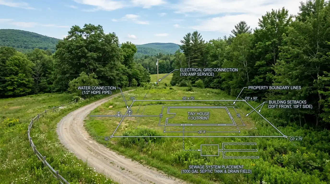 A rural plot of land with a tiny house blueprint overlay showing zoning and utilities.