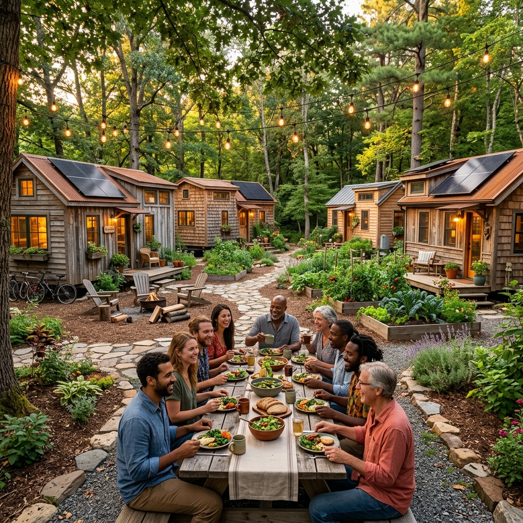 A sustainable tiny house community with solar panels and gardens, showcasing the grassroots nature of the Tiny House Movement.