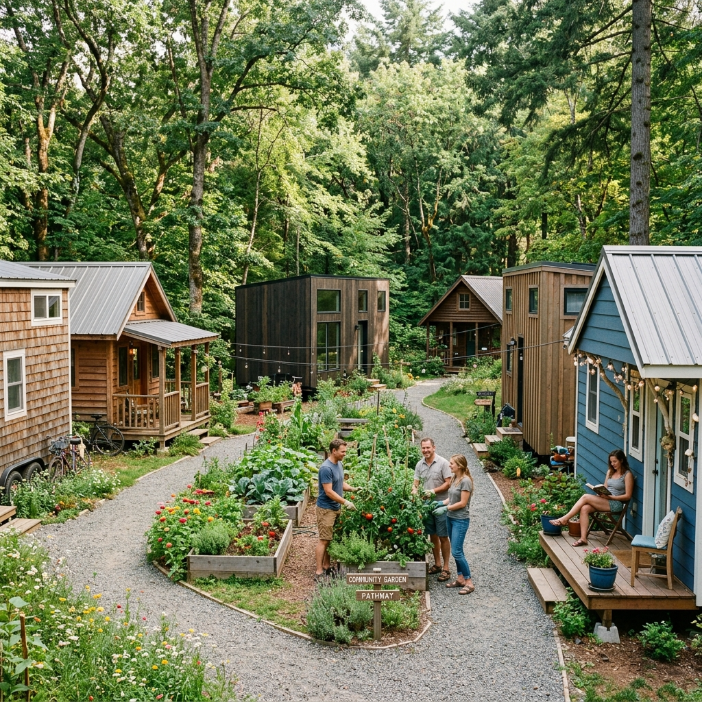 A tiny house community with rented plots, communal garden, and people enjoying the natural surroundings.