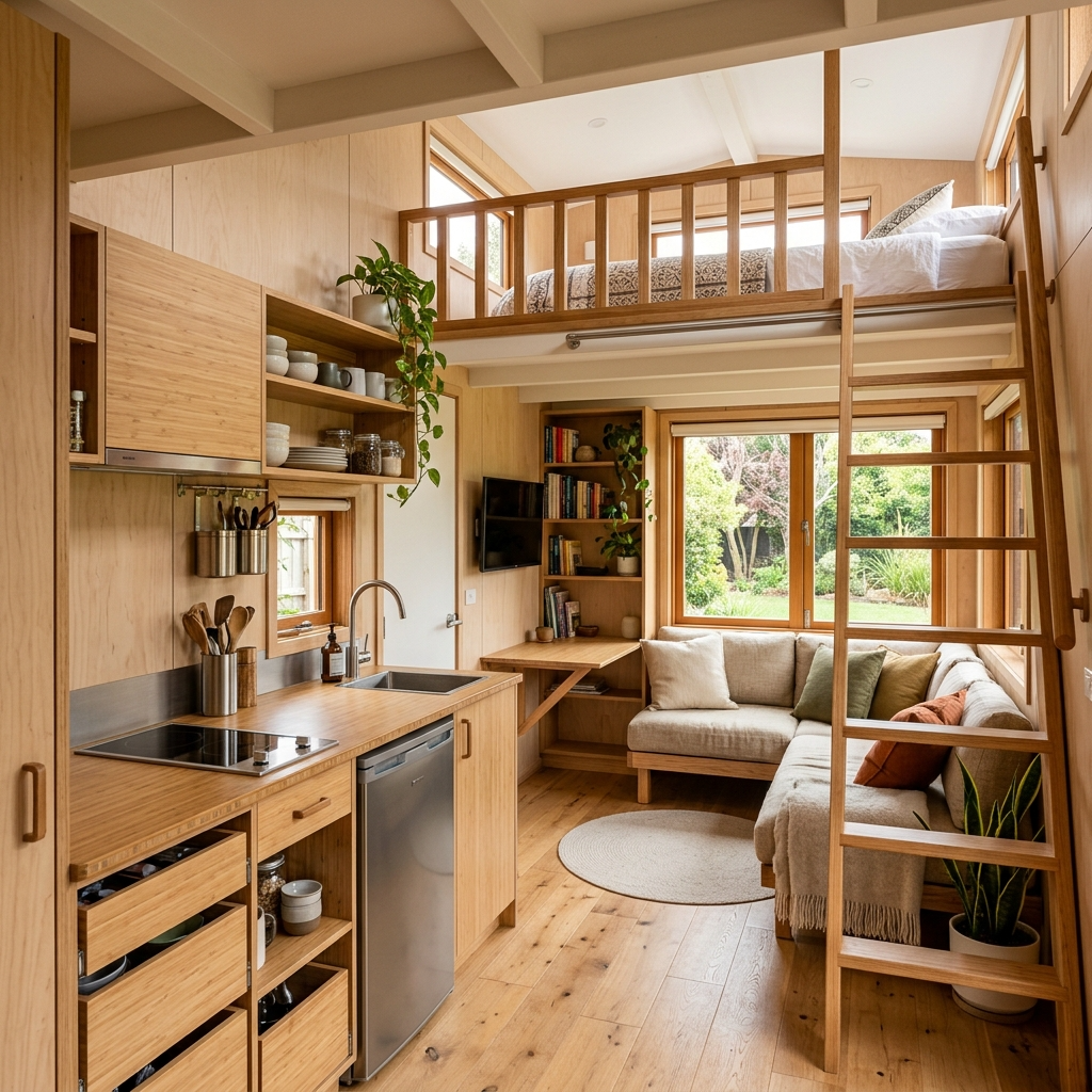A tiny house interior with a loft bed, compact kitchen, and eco-friendly materials, highlighting sustainable small-scale living.