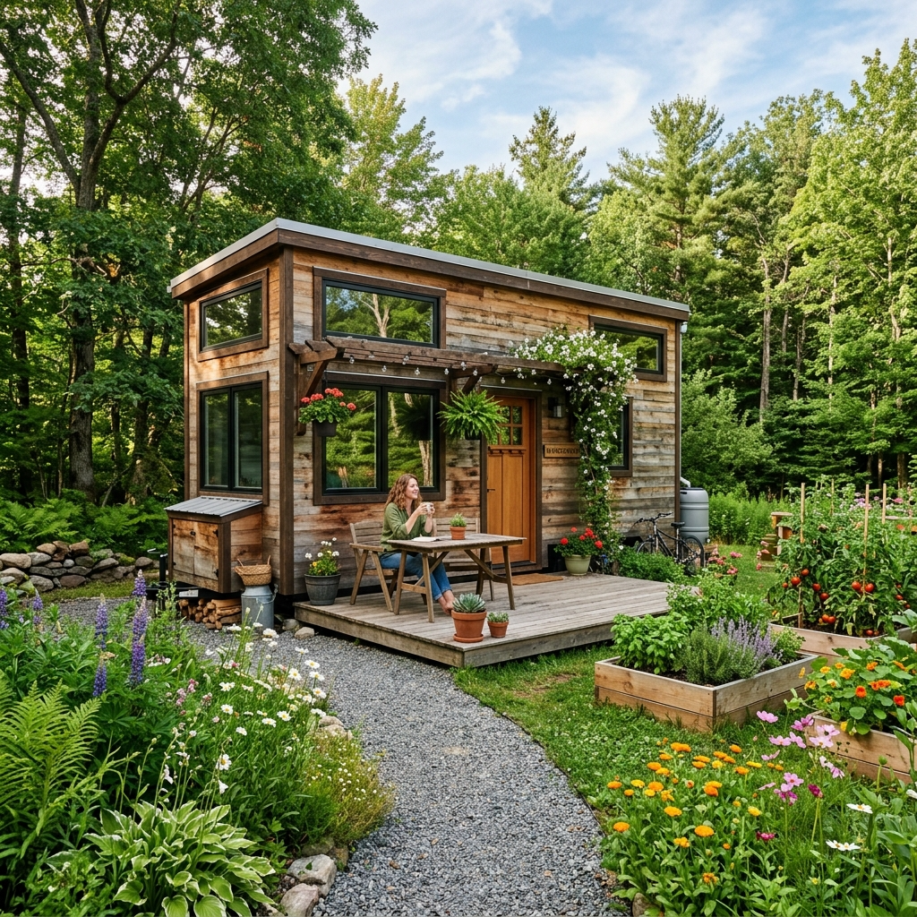 A tiny house on a green plot of land with a garden and a person researching zoning laws on a laptop.