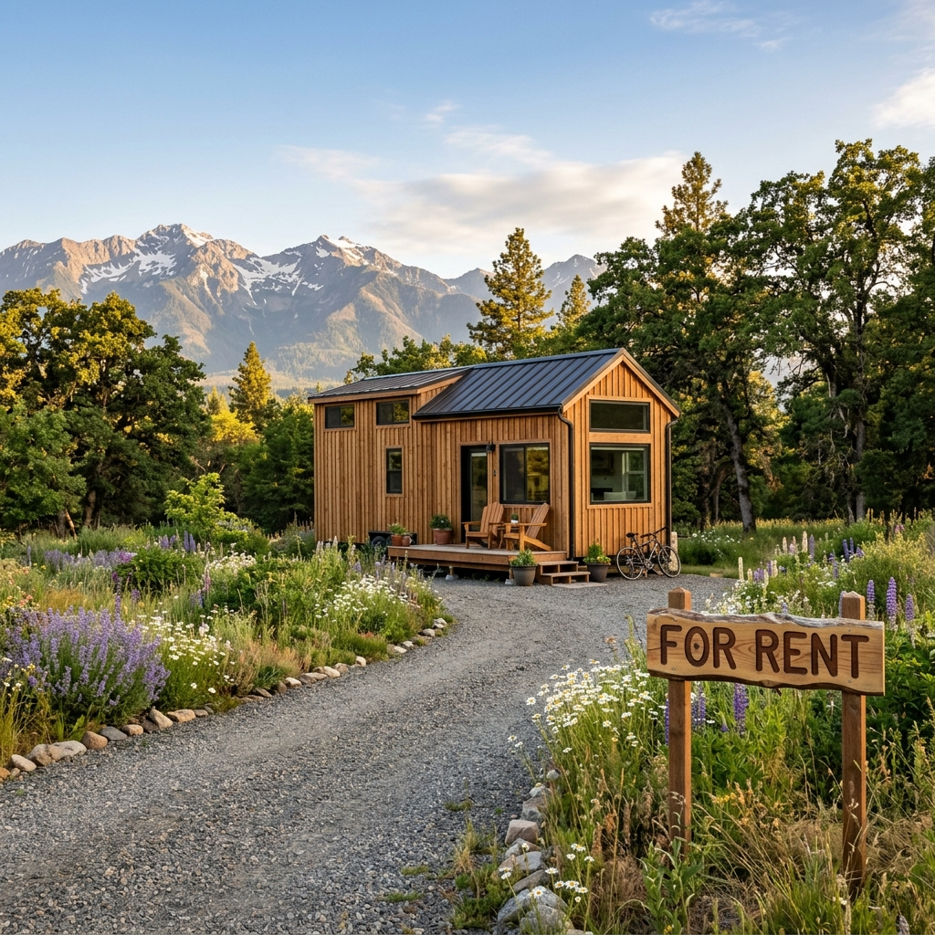 A tiny house on rented land surrounded by greenery and mountains, showcasing a peaceful rural setting.