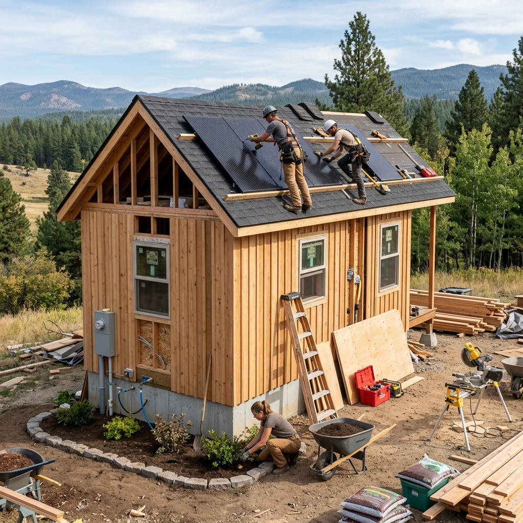 A tiny house under customization with workers installing solar panels and landscaping the area.