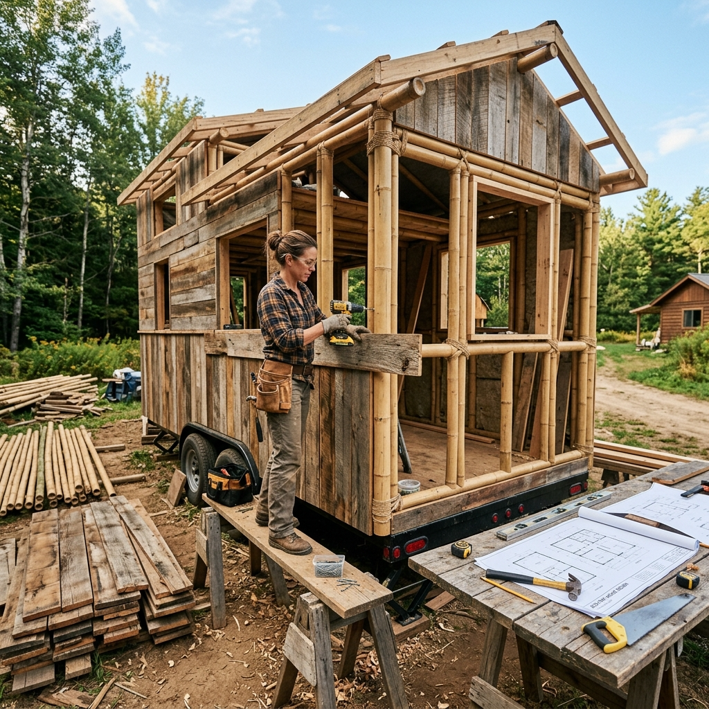 Builder constructing a tiny house with sustainable materials like bamboo and reclaimed wood.