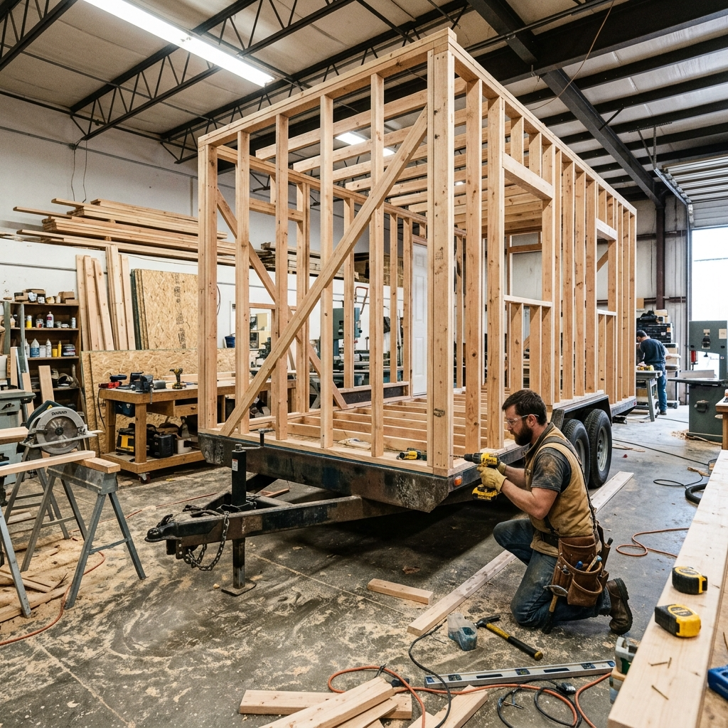 Building a tiny house on wheels in a workshop with wooden frame and tools.