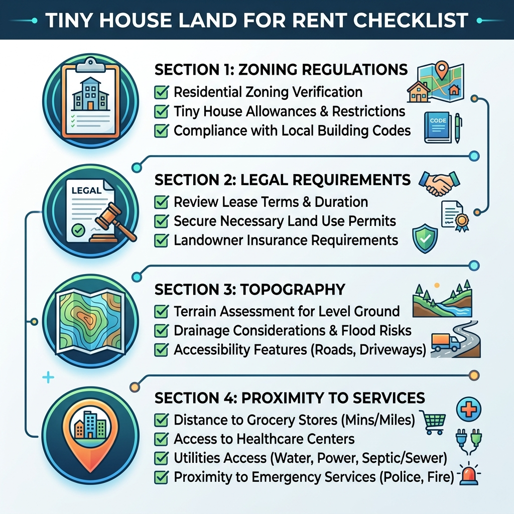 Checklist infographic for finding land for rent for tiny houses, covering zoning, legal, and location factors.