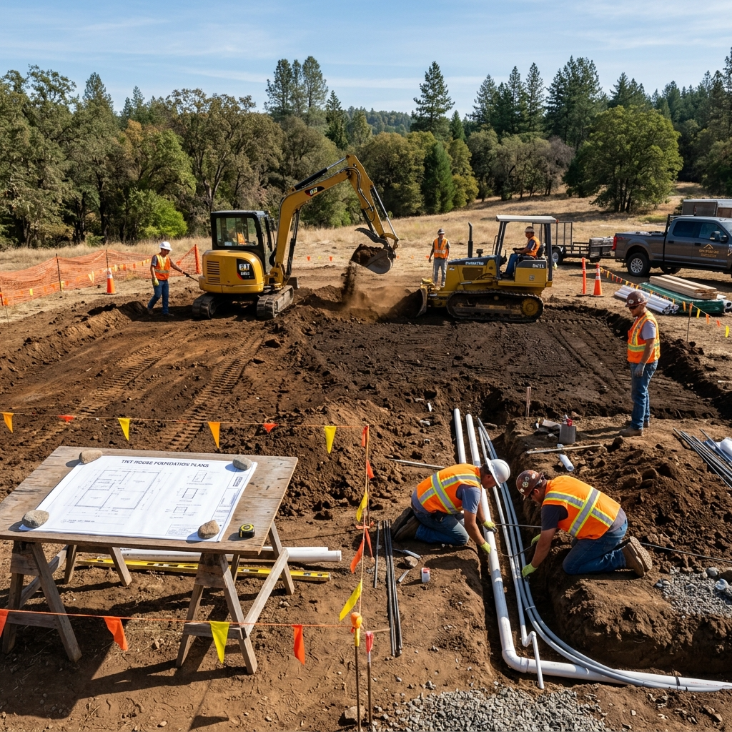 Cleared land with workers preparing the site for a tiny house, leveling ground and installing utilities.