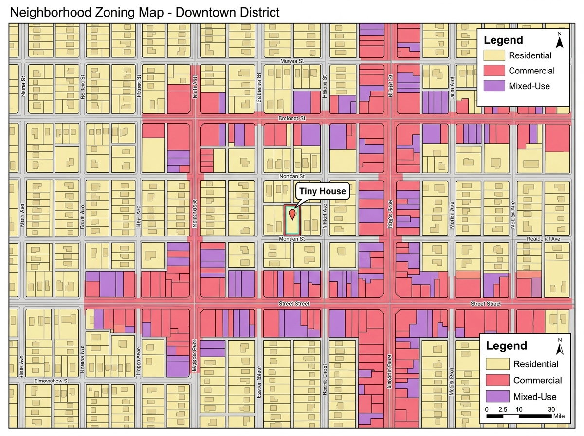 Color-coded zoning map showing residential and non-residential zones for tiny houses.