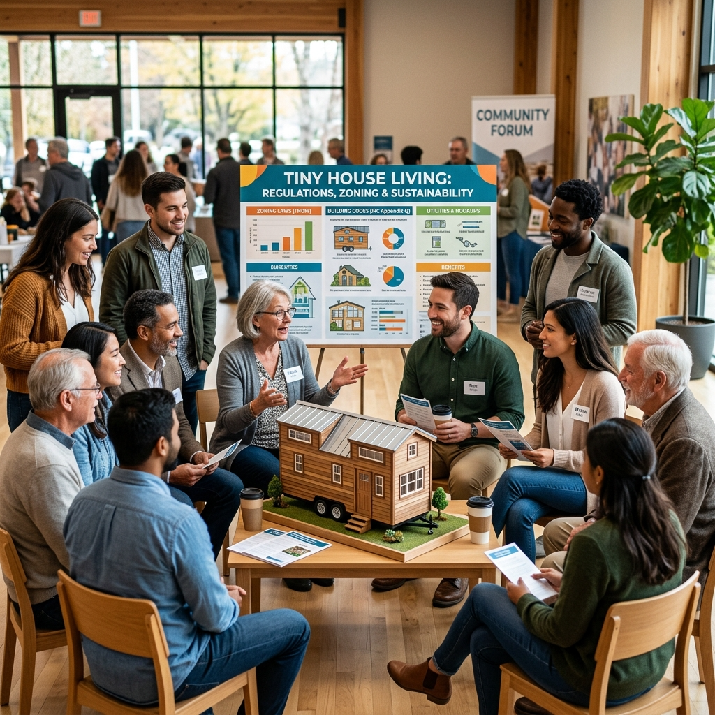 Community event with people discussing tiny house living and zoning laws, featuring a tiny house model.