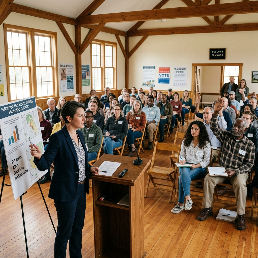 Community meeting discussing zoning laws for tiny houses in a small town hall setting.