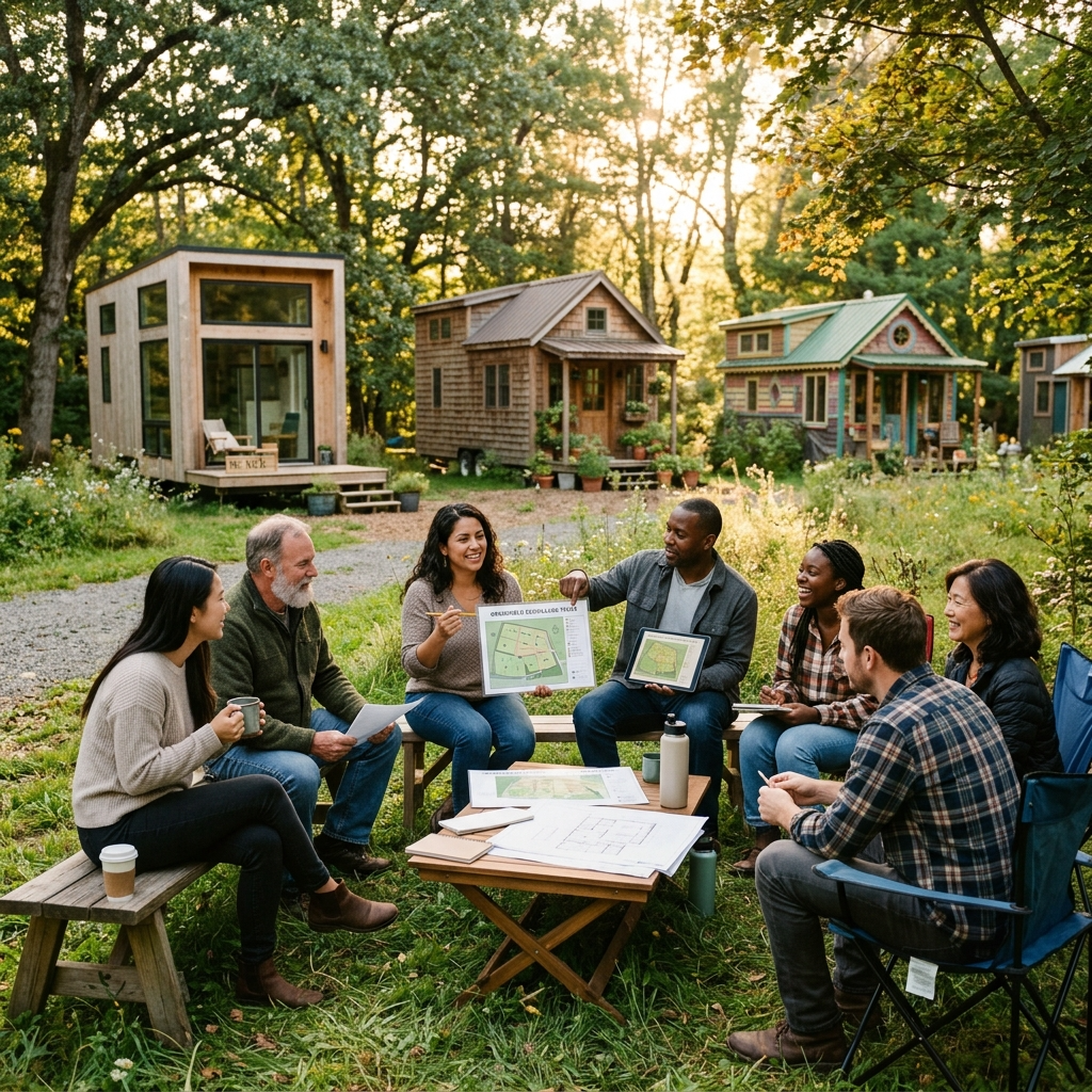 Community meetup discussing tiny house land opportunities.