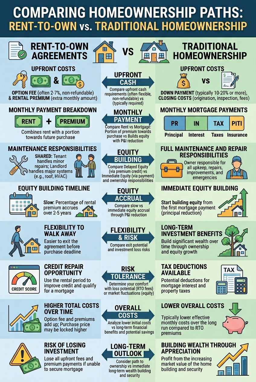 Comparison infographic of rent-to-own agreements versus traditional homeownership.