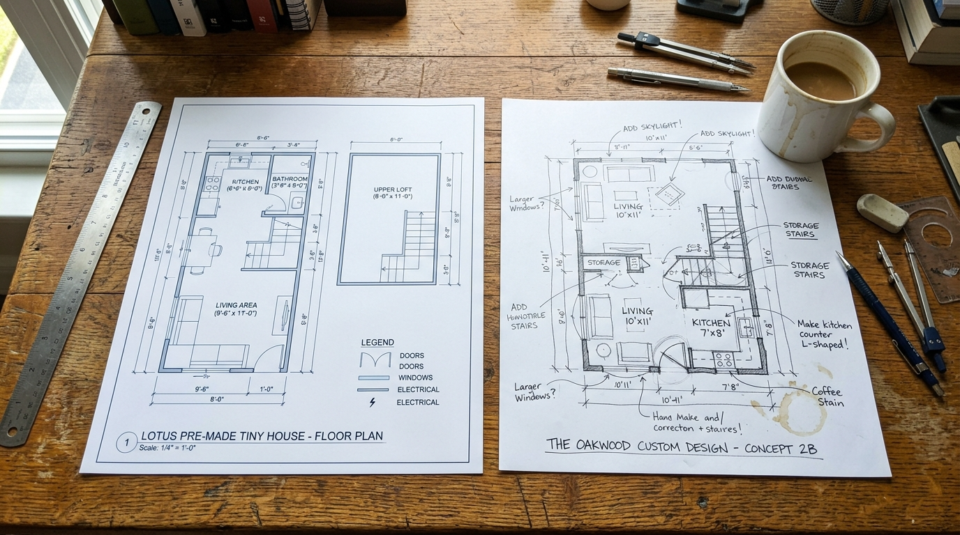 Comparison of pre-made and custom tiny house blueprints on a wooden desk.