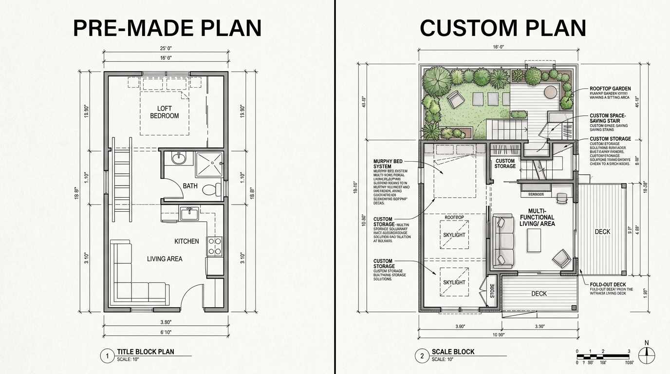 Comparison of pre-made and custom tiny house plans with layout differences.