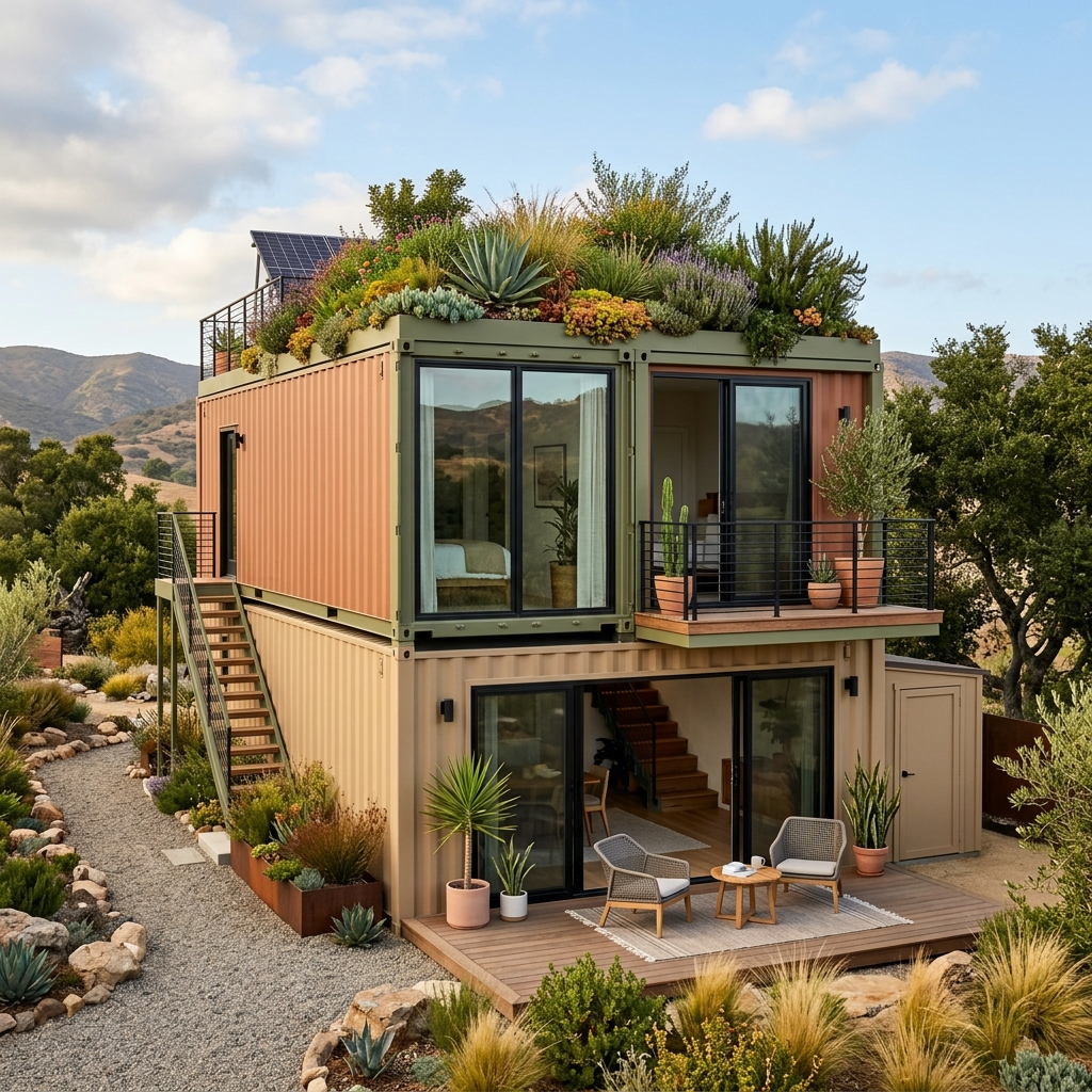 Container home with rooftop garden and modern design in a sustainable setting.