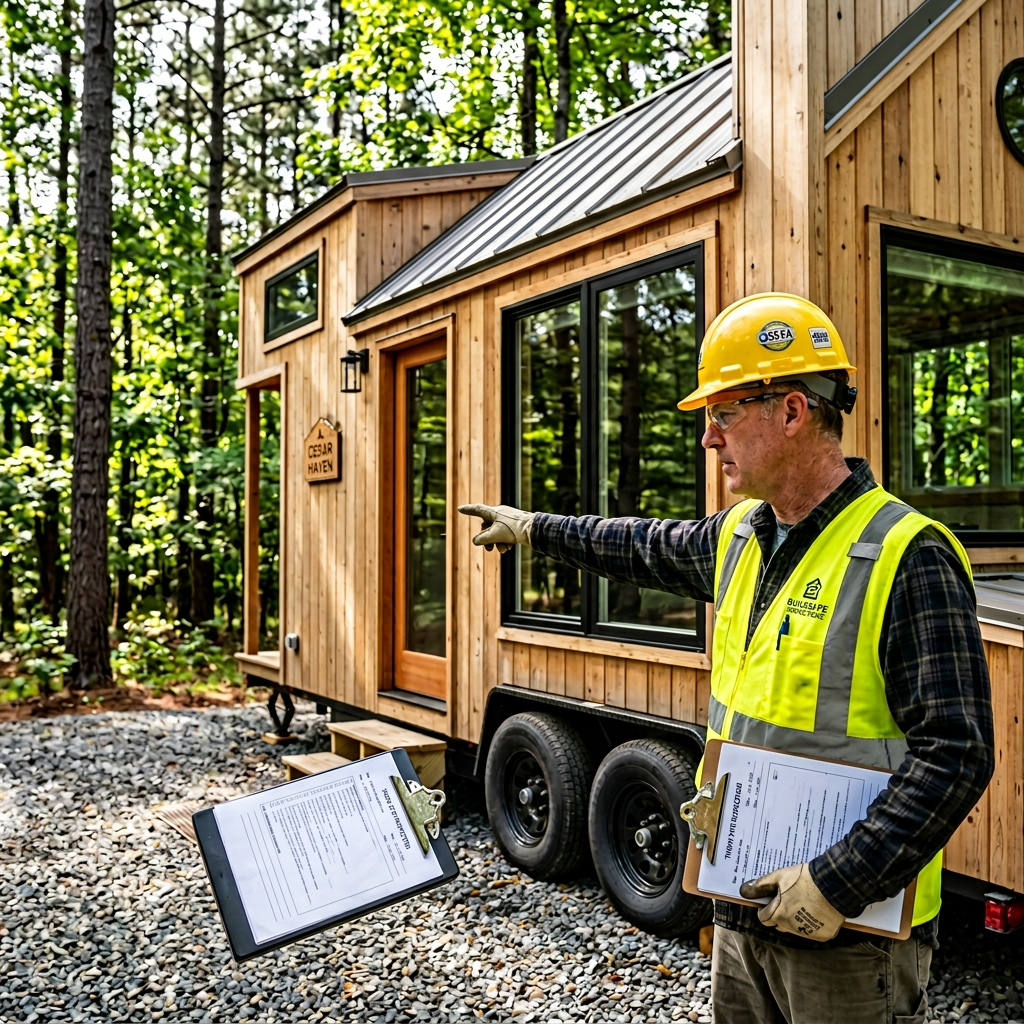 Contractor inspecting a tiny house on wheels for building code compliance.
