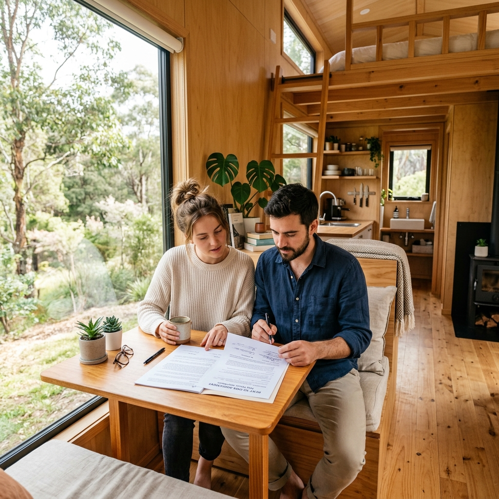 Couple reviewing a rent-to-own agreement in a modern tiny house.