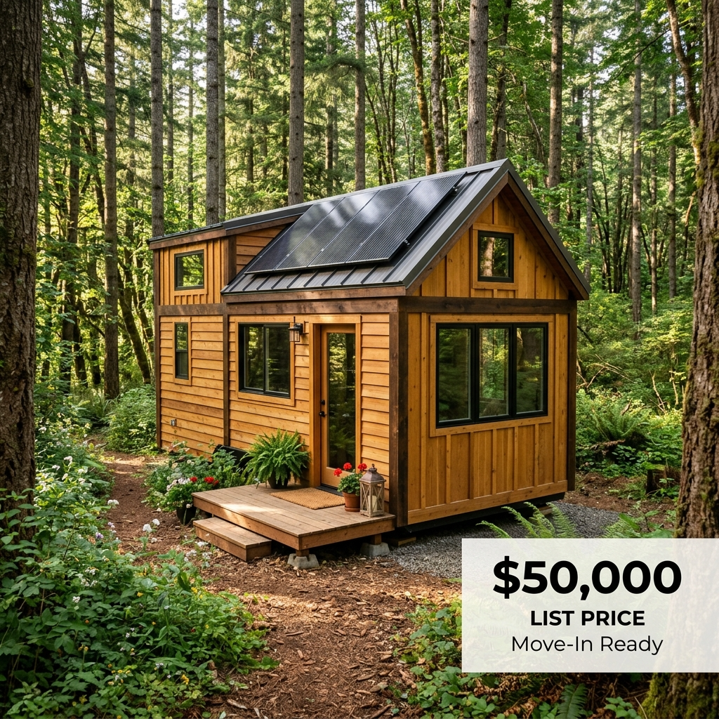 Cozy tiny house with solar panels, surrounded by trees, representing sustainable living at $50,000 average cost.