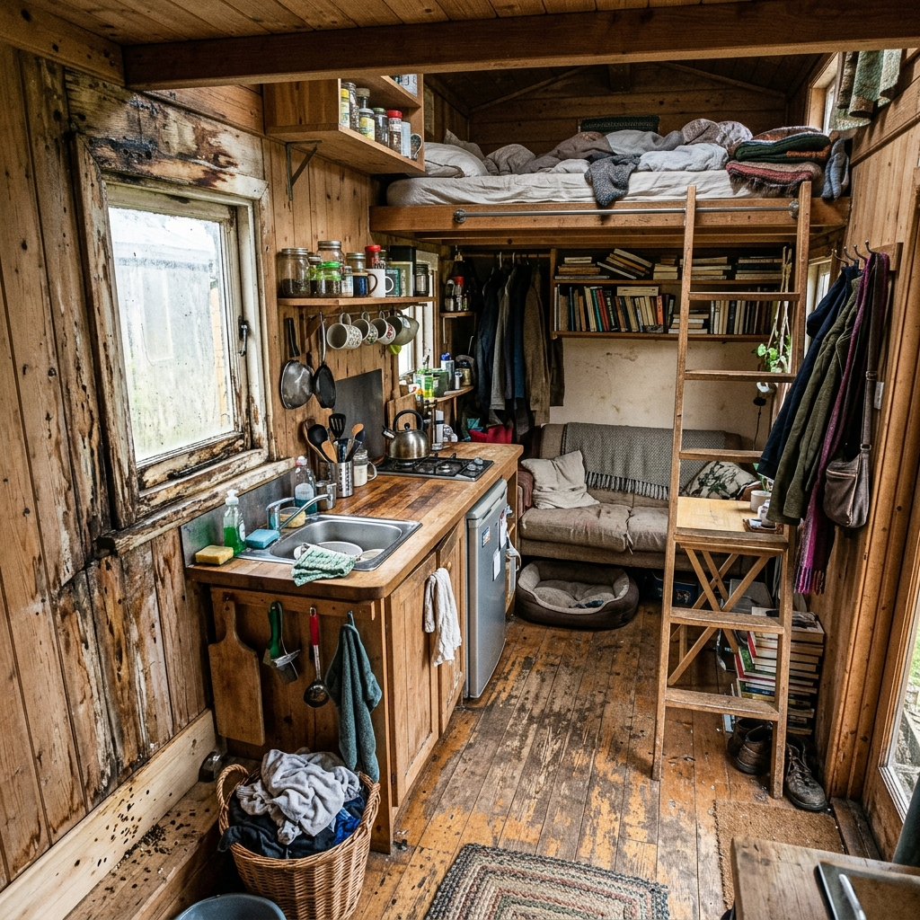 Cramped tiny house interior showing limited space and maintenance challenges like rotting wood and pest issues.